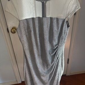 Ralph Lauren Silver Midi Dress with jeweled neckline